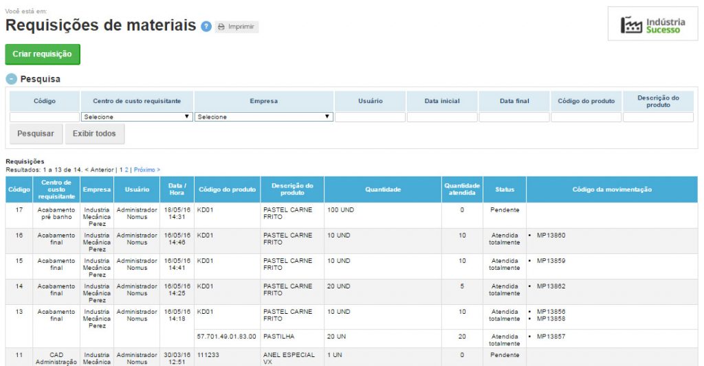 Exemplo de requisições de materiais para o estoque no Nomus ERP Industrial