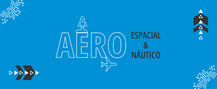 Banner que referencia o tópico sobre usinagem aeroespacial e usinagem aeronáutica. Título do tópico e ícones relacionados. As cores são branco, azul e preto.