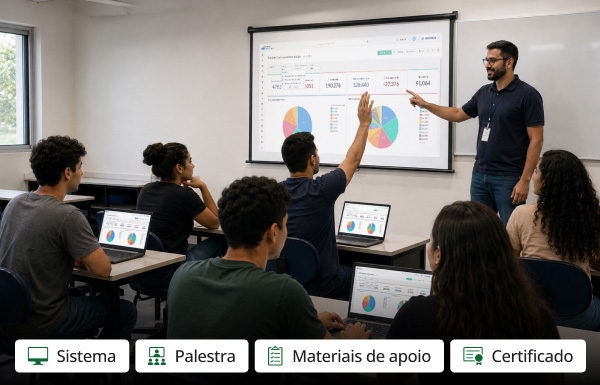 Alunos utilizando o Nomus ERP Industrial em sala de aula