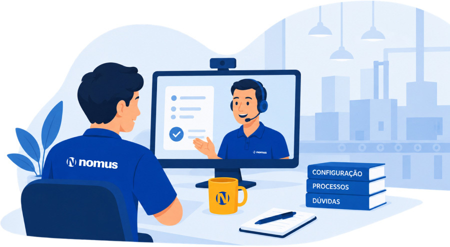 Cliente em reunião online com especialista da Nomus durante a implantação do sistema